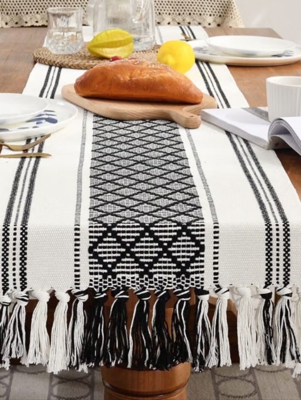 Boho Farmhouse Black & White Woven Fringe Table Runner with 14x90